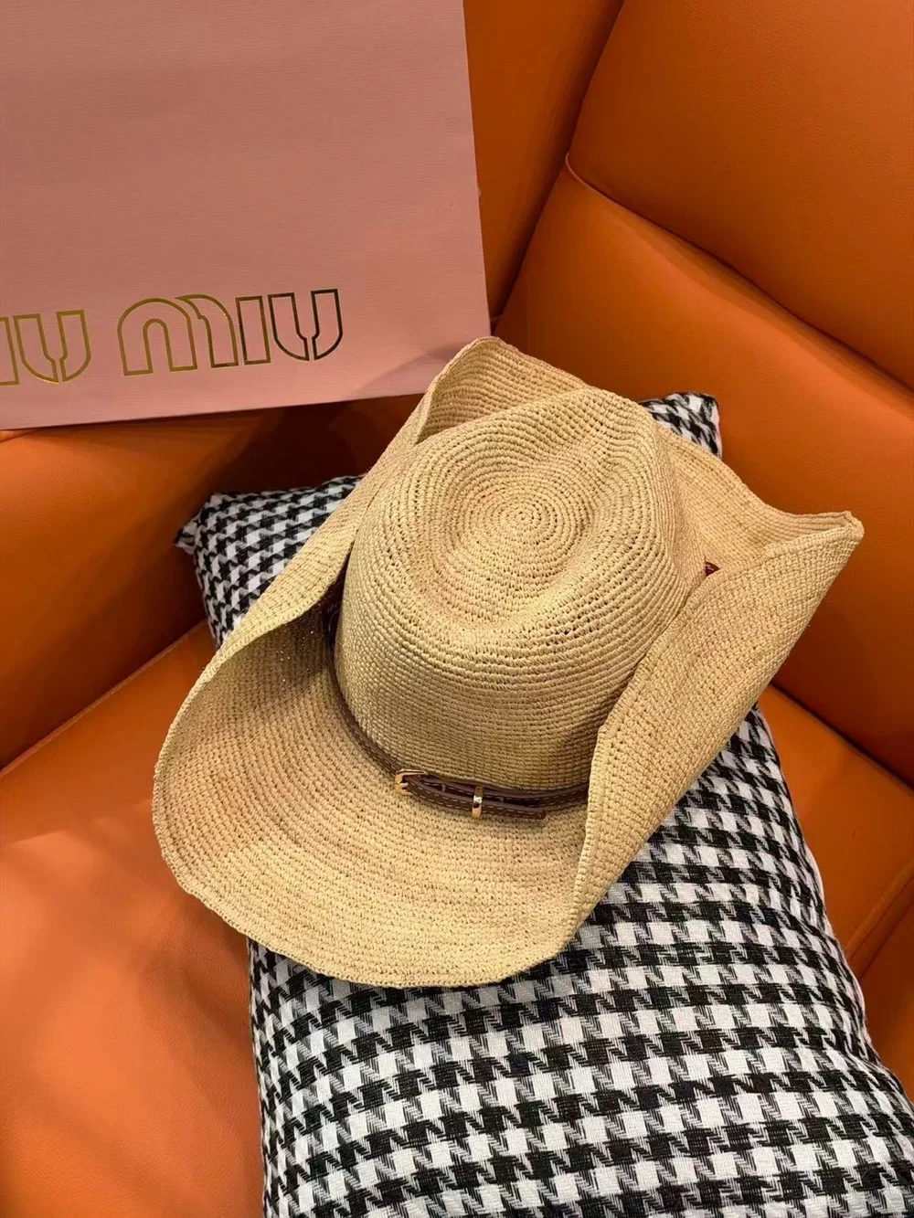 Miu Miu Natural Straw Cowboy Hat with Red Band